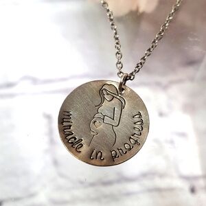 Hand Stamped Miracle in Progress Maternity Mom Necklace